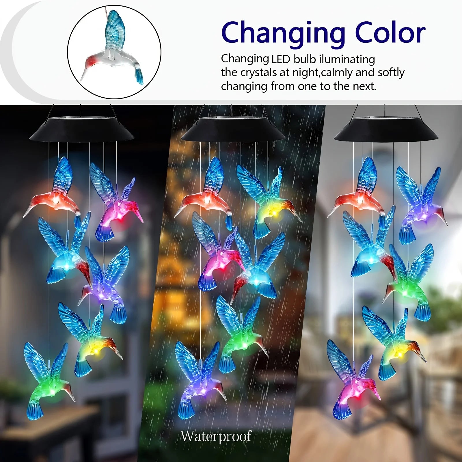 LED Solar Blue Hummingbird Wind Chime