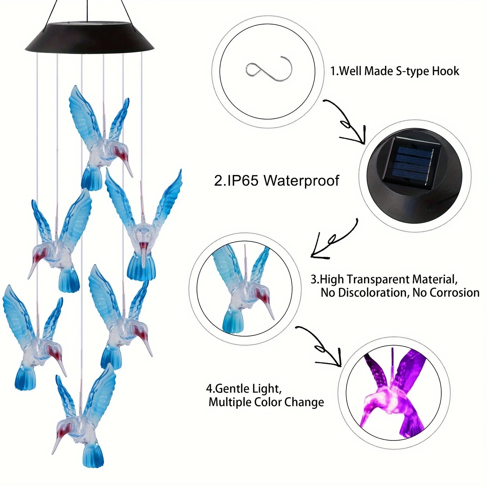 LED Solar Blue Hummingbird Wind Chime